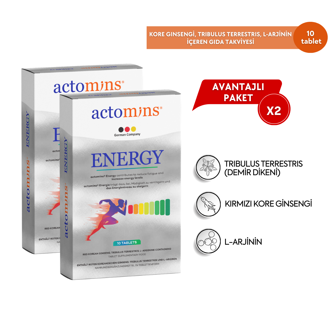 Actomins Energy Tribulus, Ginseng, L-arjinin İçeren Gıda Takviyesi 2' li Paket