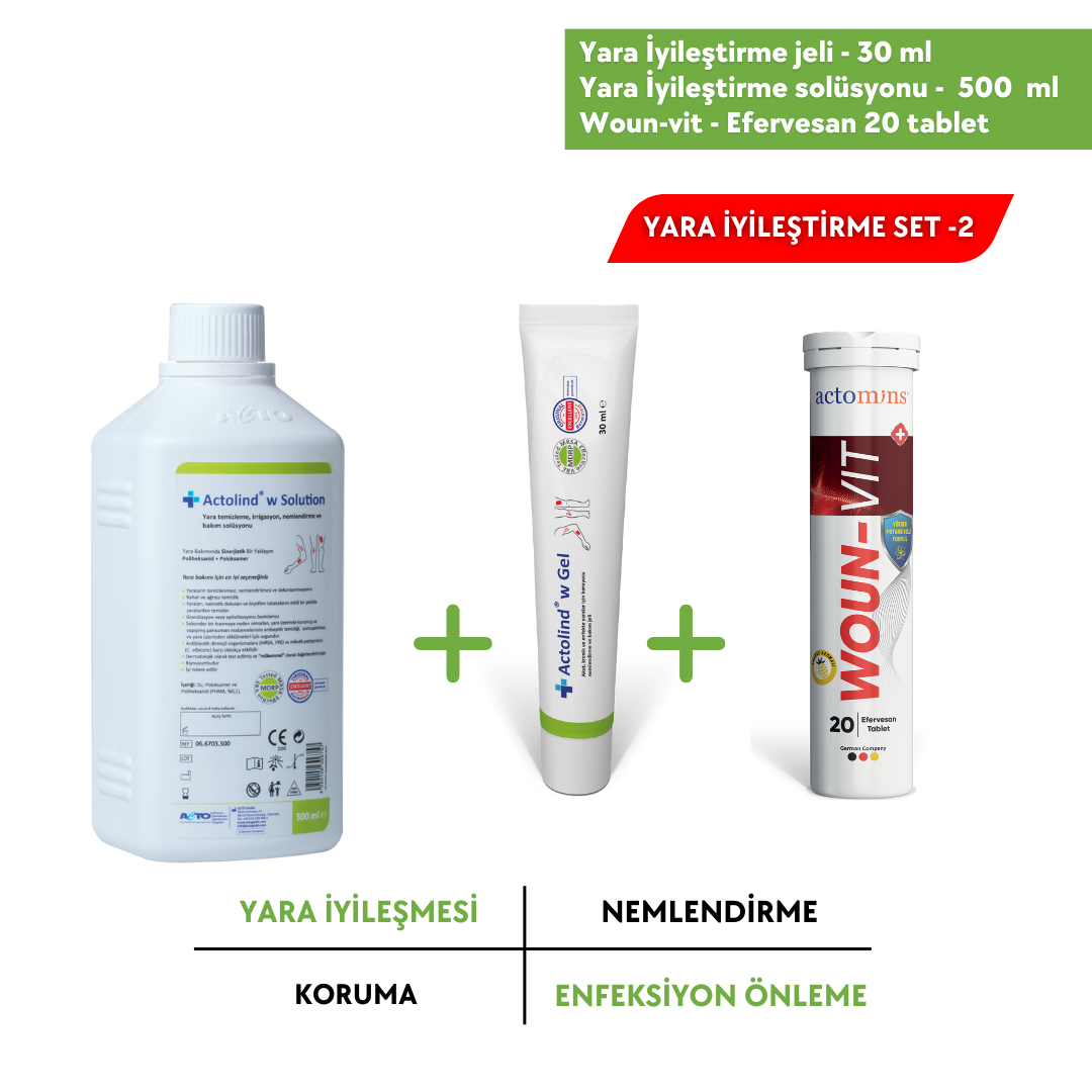 Actolind ® w Solüsyon 500 ml + w Gel 30 ml + Woun-Vit | 3'lü Yara İyileştirme Seti