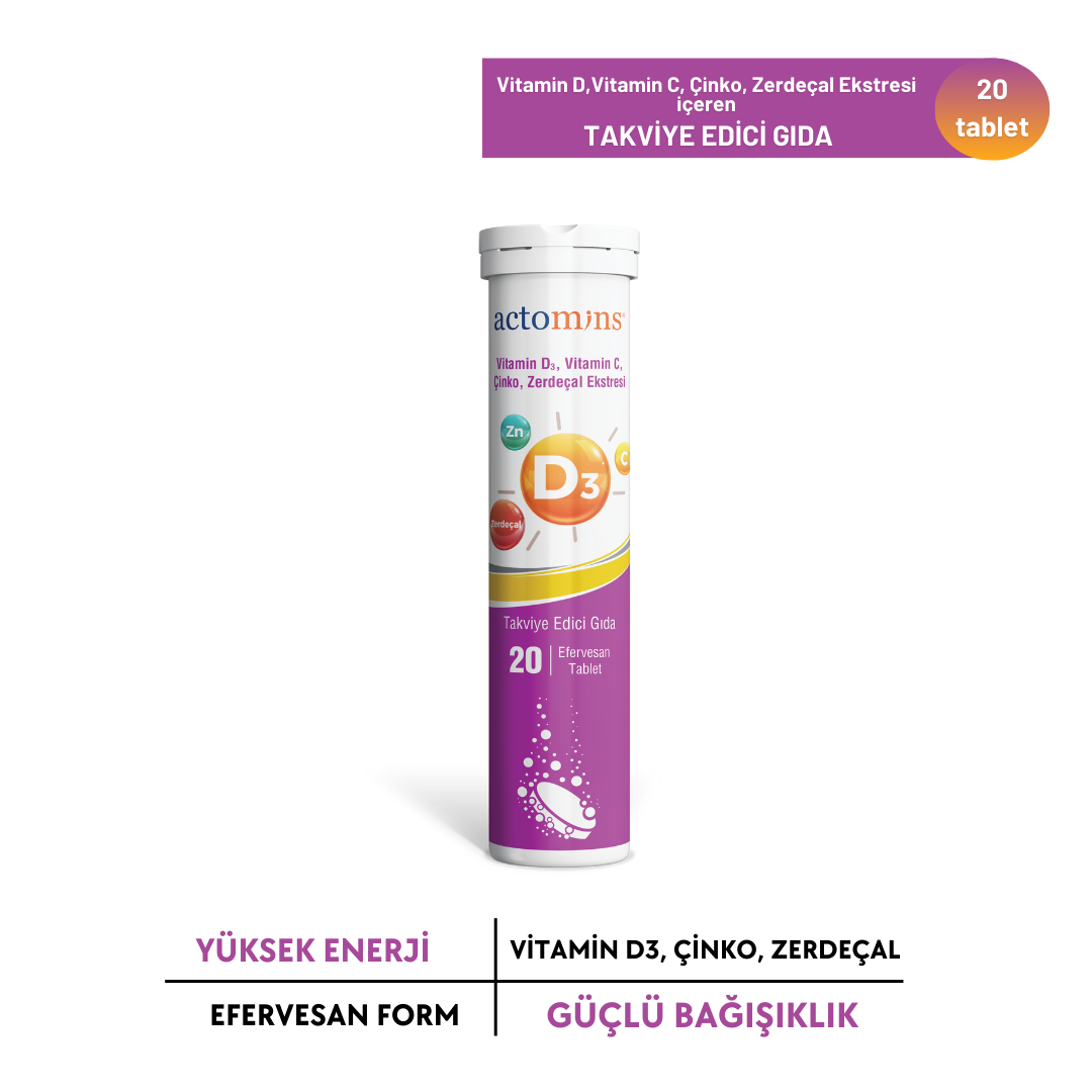ACTOMINS® Vitamin D3, Vitamin C, Çinko, Zerdeçal Ekstresi 20 Tablet